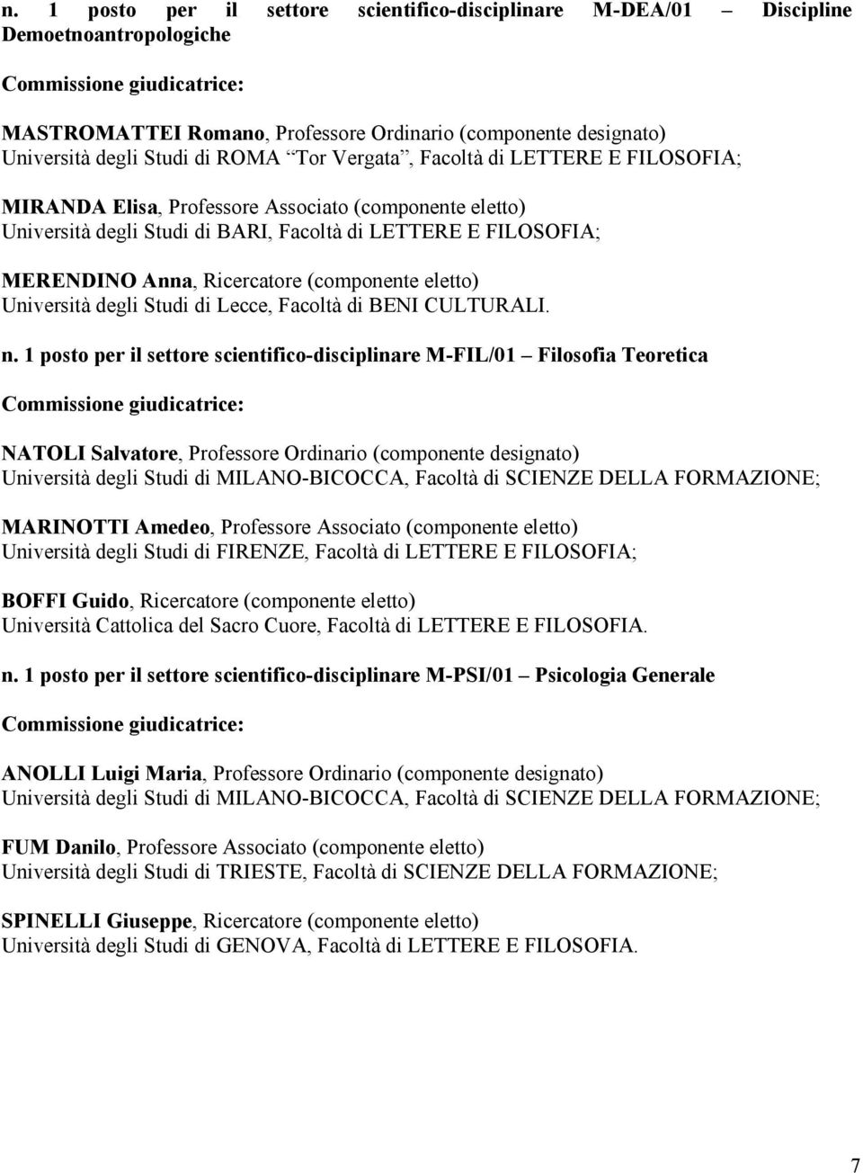 (componente eletto) Università degli Studi di Lecce, Facoltà di BENI CULTURALI. n.