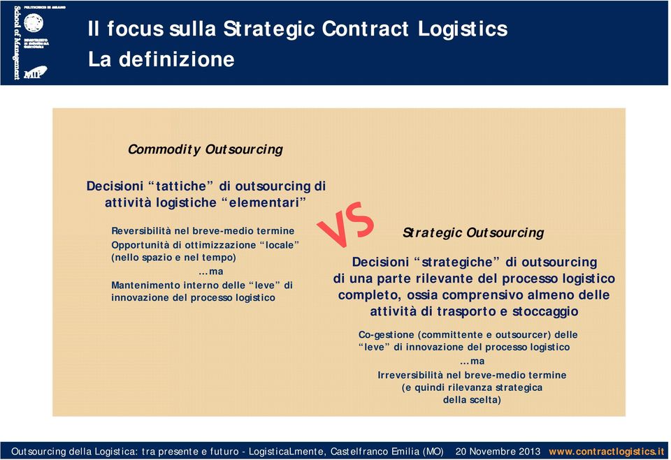 Outsourcing Decisioni strategiche di outsourcing di una parte rilevante del processo logistico completo, ossia comprensivo almeno delle attività di trasporto e