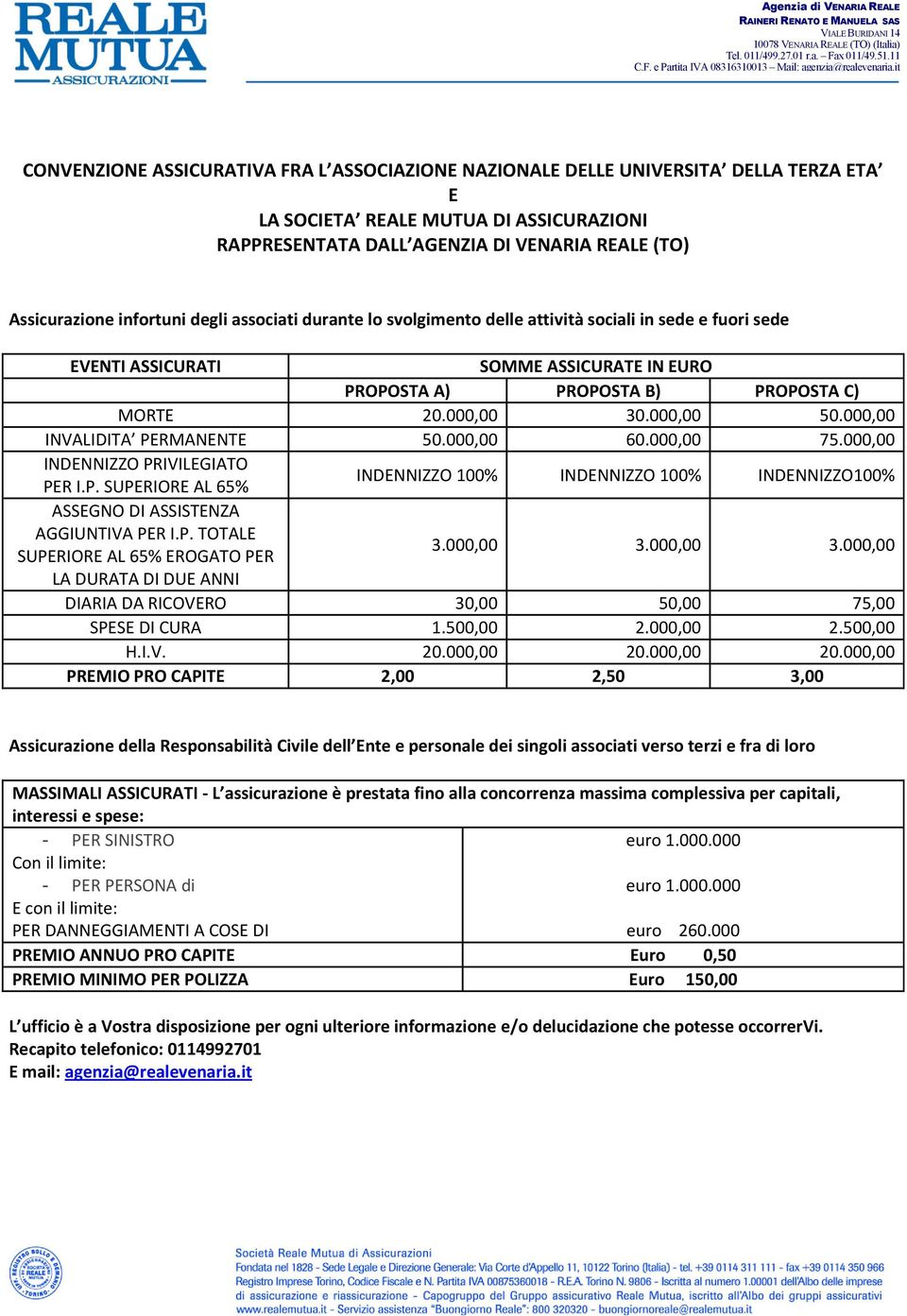 CONVENZIONE ASSICURATIVA FRA L ASSOCIAZIONE NAZIONALE DELLE UNIVERSITA DELLA TERZA ETA E LA SOCIETA REALE MUTUA DI ASSICURAZIONI RAPPRESENTATA DALL AGENZIA DI VENARIA REALE (TO) Assicurazione