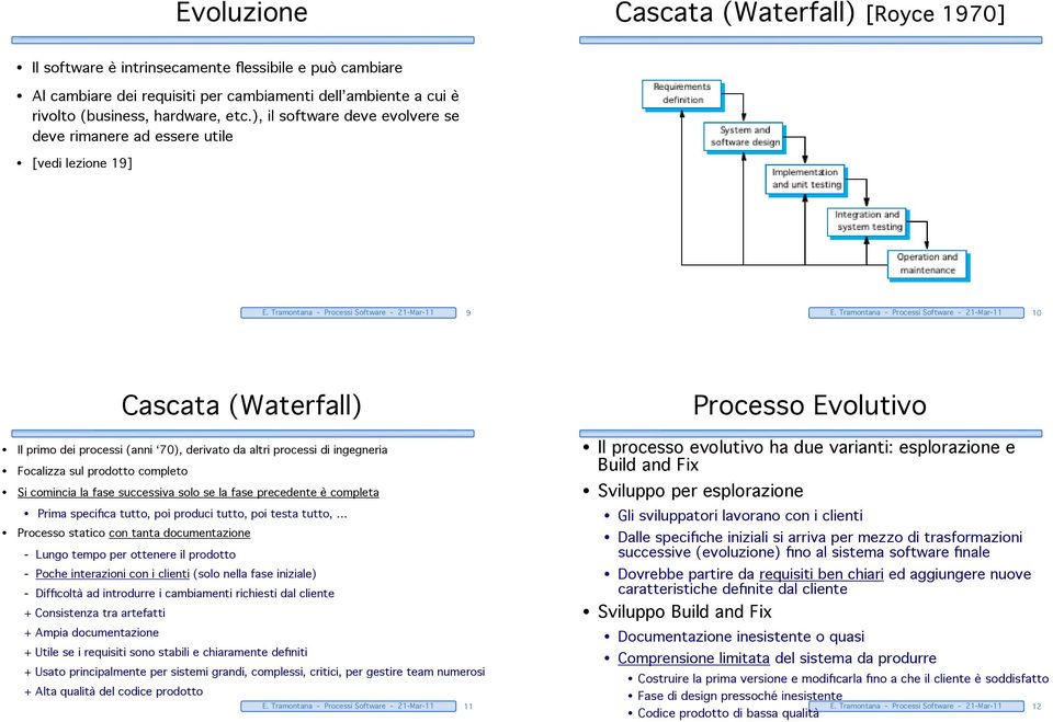 Tramontana - Processi Software - 21-Mar-11 10 Cascata (Waterfall) Il primo dei processi (anni 70), derivato da altri processi di ingegneria Focalizza sul prodotto completo Si comincia la fase