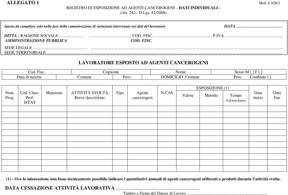 FISC. SEDE LEGALE... SEDE TERRITORIALE. LAVORATORE ESPOSTO AD AGENTI CANCEROGENI Cod. Fisc. Cognome Nome Sesso M [ ] F [ ] Data di nascita Comune Prov. DOMICILIO: Comune Prov. Cambiato [ ] Num. Prog.