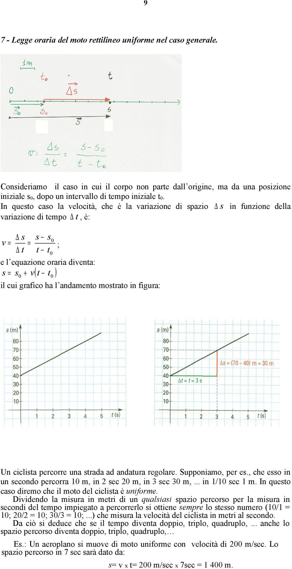 In questo caso la velocità, che è la variazione di spazio s in funzione della variazione di tempo t, è: v= s s s0 = ; t t t0 e l equazione oraria diventa: s = s0 + v( t t 0 ) il cui grafico ha l