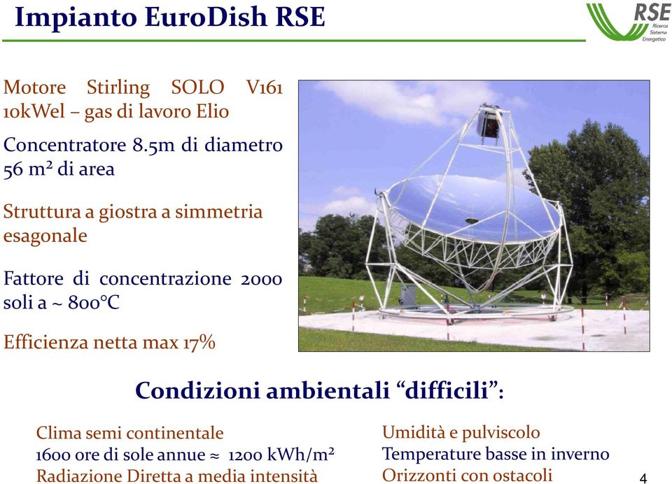 800 C Efficienza netta max 17% Condizioni ambientali difficili : Clima semi continentale 1600 ore di sole