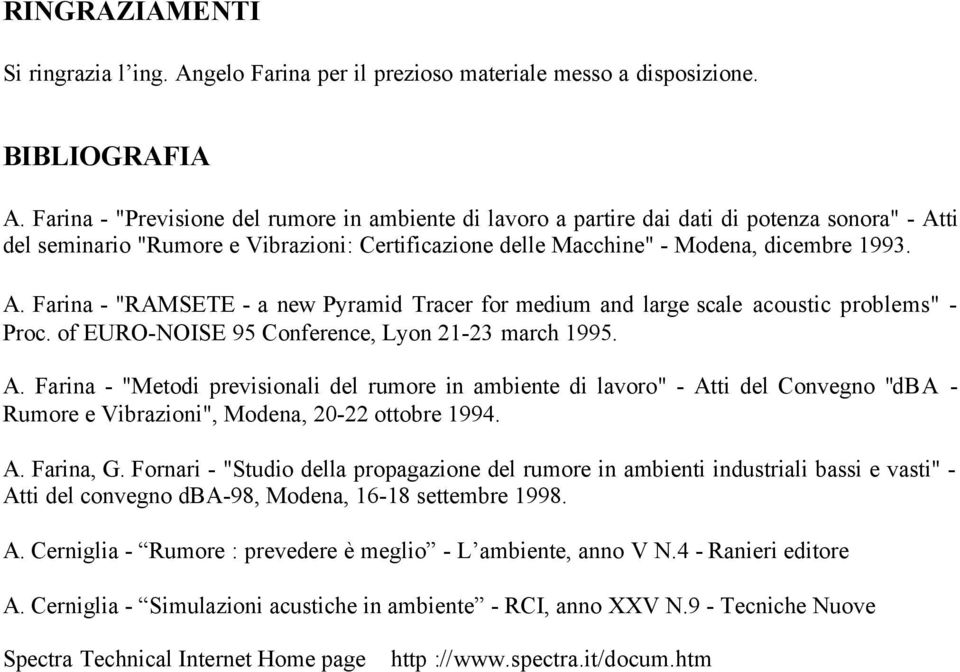 of EURO-NOISE 95 Conference, Lyon 21-23 march 1995. A. Farina - "Metodi previsionali del rumore in ambiente di lavoro" - Atti del Convegno "dba - Rumore e Vibrazioni", Modena, 20-22 ottobre 1994. A. Farina, G.