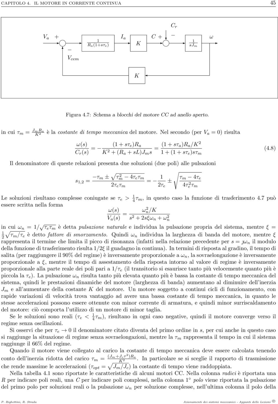 8) 1+(1+sτ e )sτ m Il denominatore di queste relazioni presenta due soluzioni (due poli) alle pulsazioni s 1,2 = τ m ± τm 2 4τ e τ m = 1 τ m 4τ e ± 2τ e τ m 2τ e 4τeτ 2 m Le soluzioni risultano