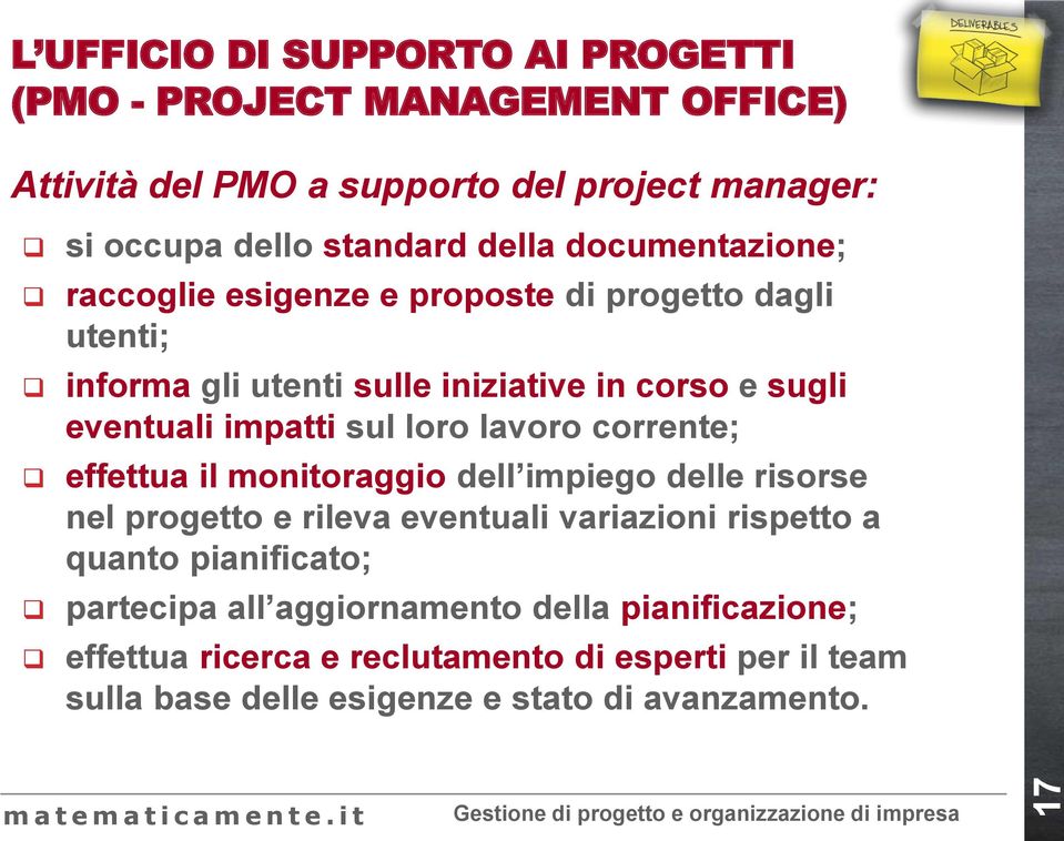 sul loro lavoro corrente; effettua il monitoraggio dell impiego delle risorse nel progetto e rileva eventuali variazioni rispetto a quanto