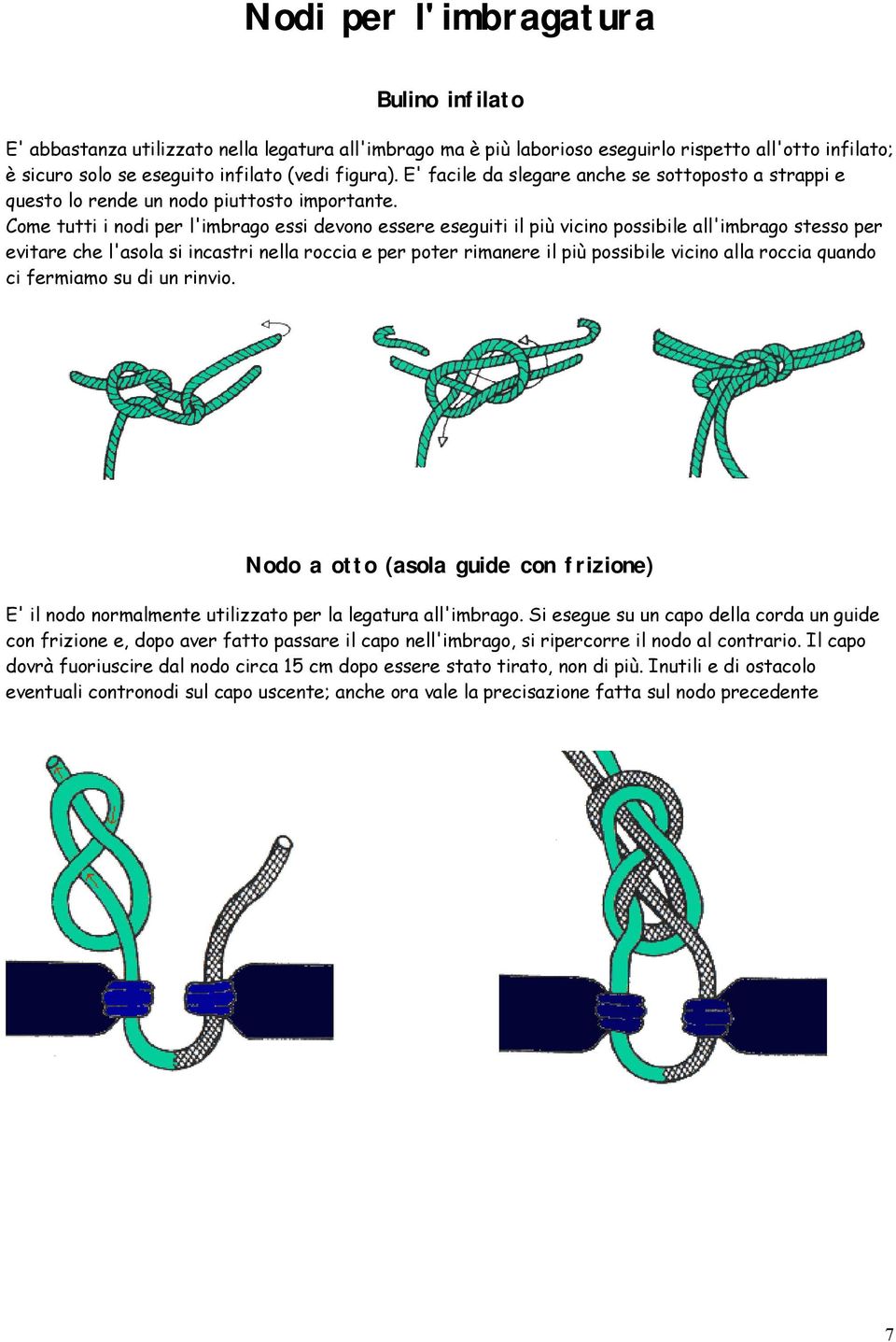 Come tutti i nodi per l'imbrago essi devono essere eseguiti il più vicino possibile all'imbrago stesso per evitare che l'asola si incastri nella roccia e per poter rimanere il più possibile vicino