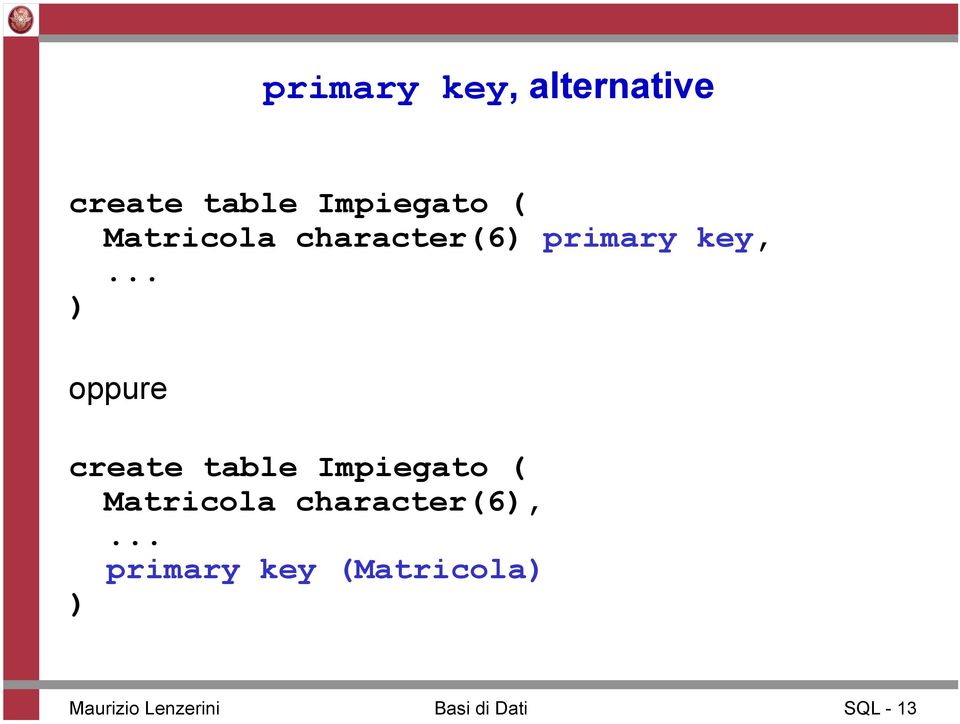 .. ) oppure create table Impiegato ( Matricola