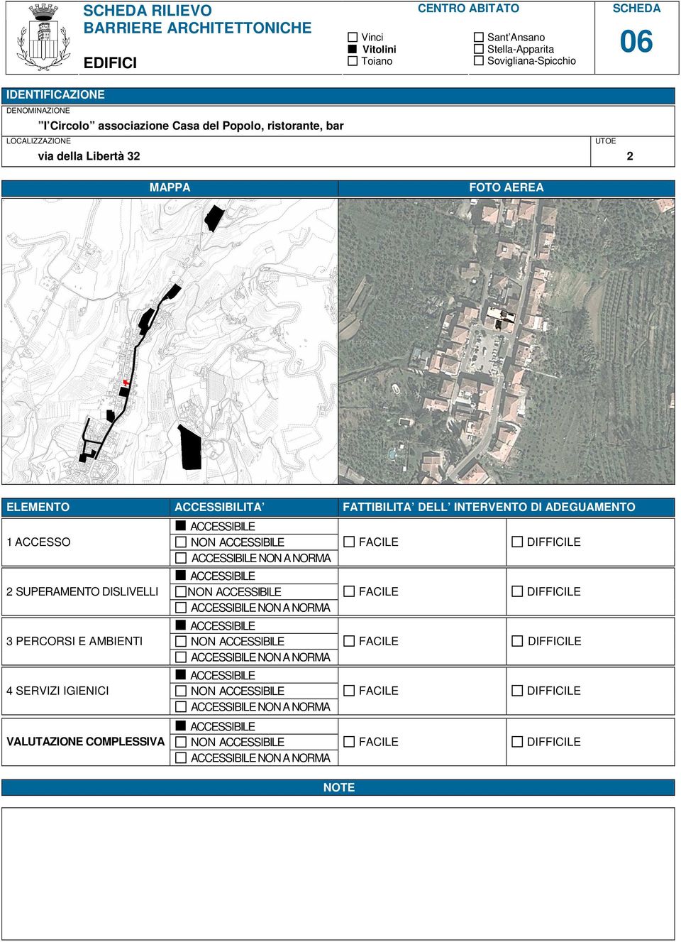 MAPPA FOTO AEREA ELEMENTO ACCESSIBILITA FATTIBILITA DELL INTERVENTO DI ADEGUAMENTO 1 ACCESSO NON NON A NORMA 2 SUPERAMENTO