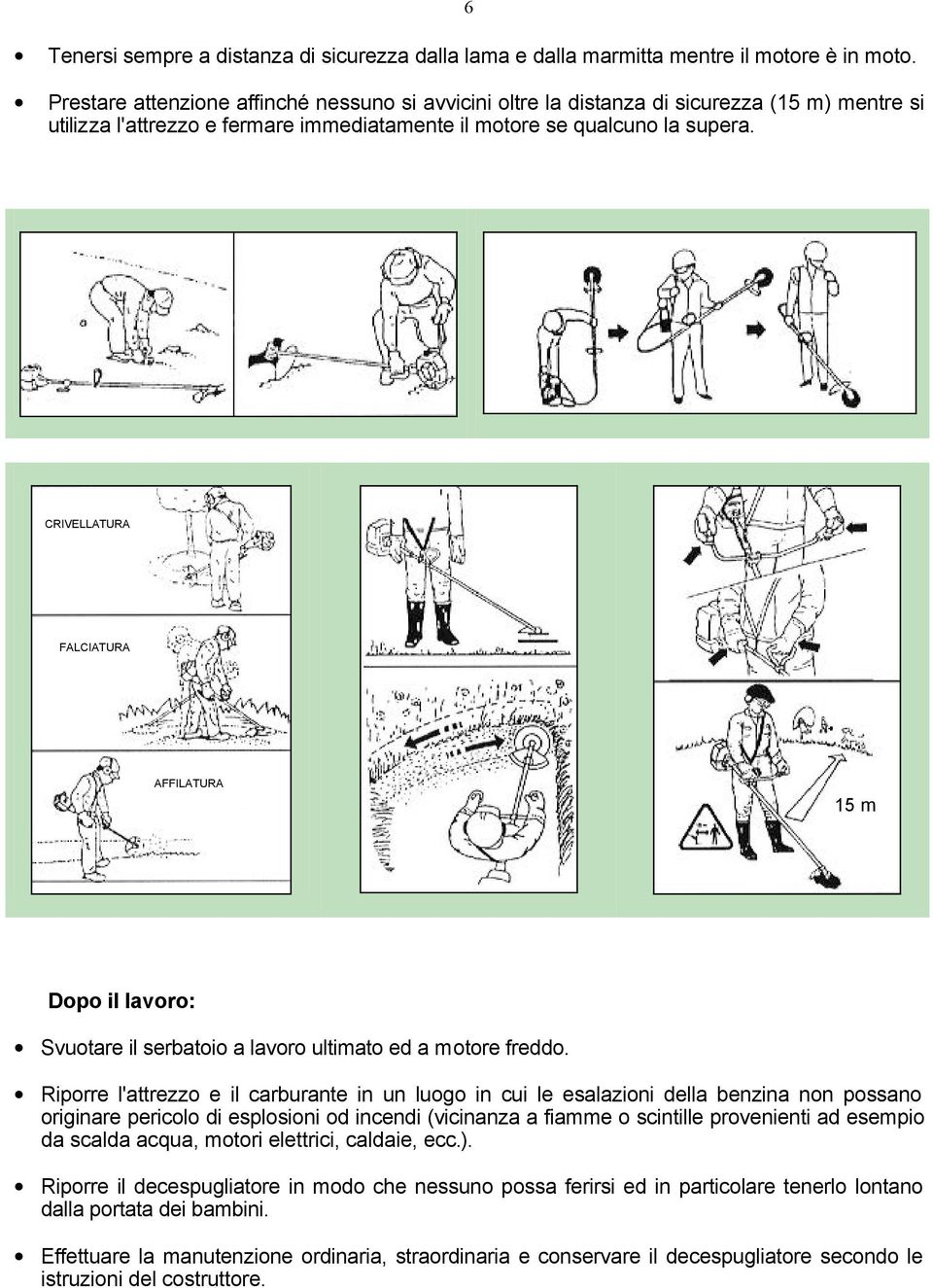 CRIVELLATURA FALCIATURA AFFILATURA 15 m Dopo il lavoro: Svuotare il serbatoio a lavoro ultimato ed a motore freddo.