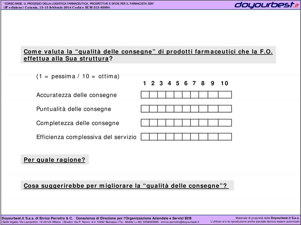 (1 = pessima / 10 = ottima) 1 2 3 4 5 6 7 8 9 10 Accuratezza delle consegne Puntualità