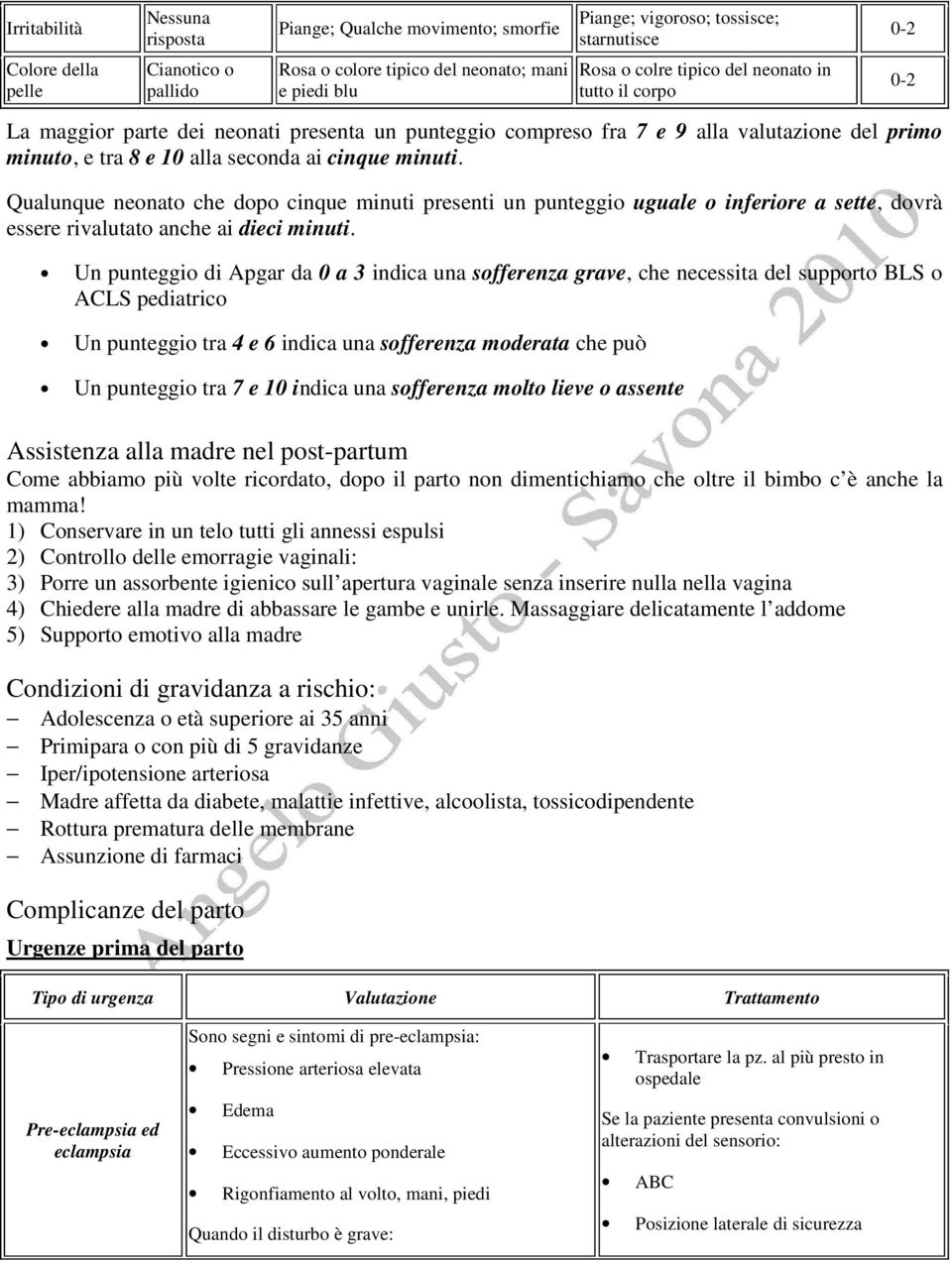 minuti. Qualunque neonato che dopo cinque minuti presenti un punteggio uguale o inferiore a sette, dovrà essere rivalutato anche ai dieci minuti.