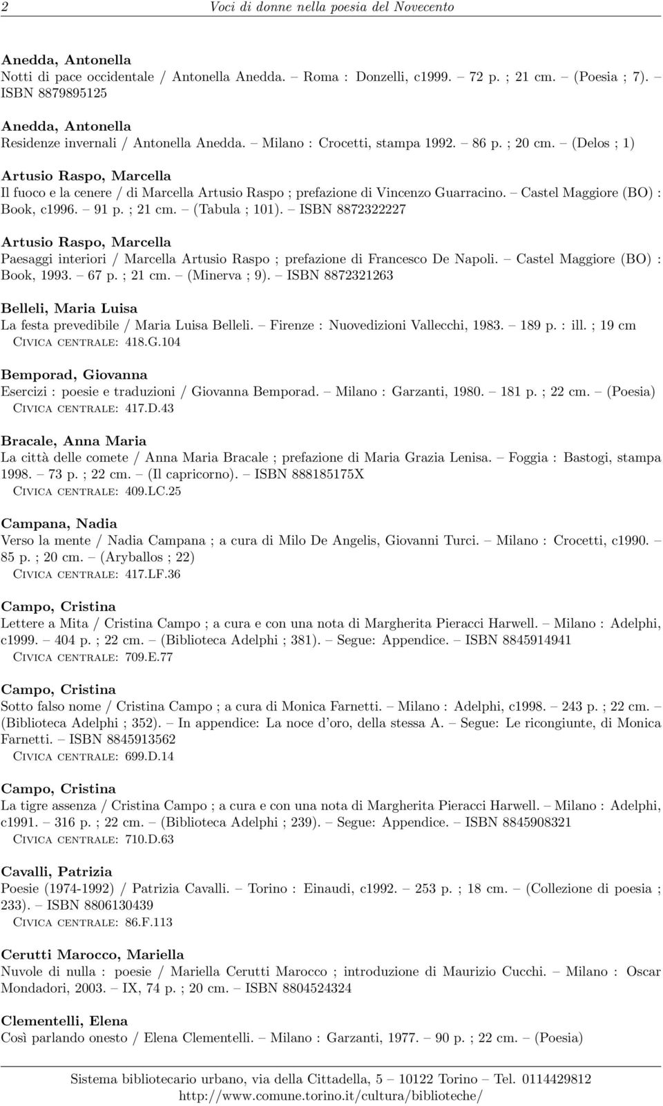 Castel Maggiore (BO) : Book, c1996. 91 p. ; 21 cm. (Tabula ; 101). ISBN 8872322227 Artusio Raspo, Marcella Paesaggi interiori / Marcella Artusio Raspo ; prefazione di Francesco De Napoli.