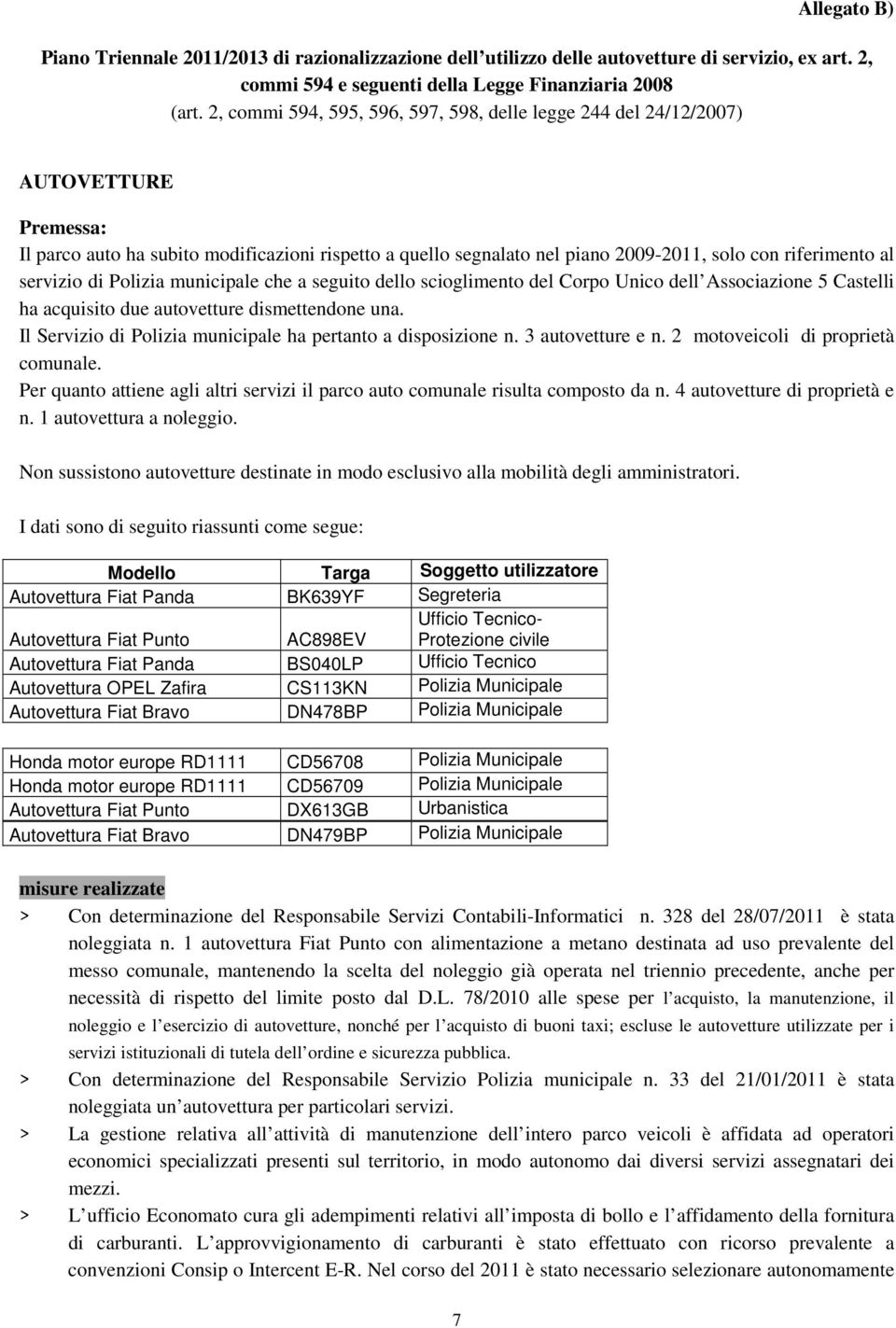 servizio di Polizia municipale che a seguito dello scioglimento del Corpo Unico dell Associazione 5 Castelli ha acquisito due autovetture dismettendone una.