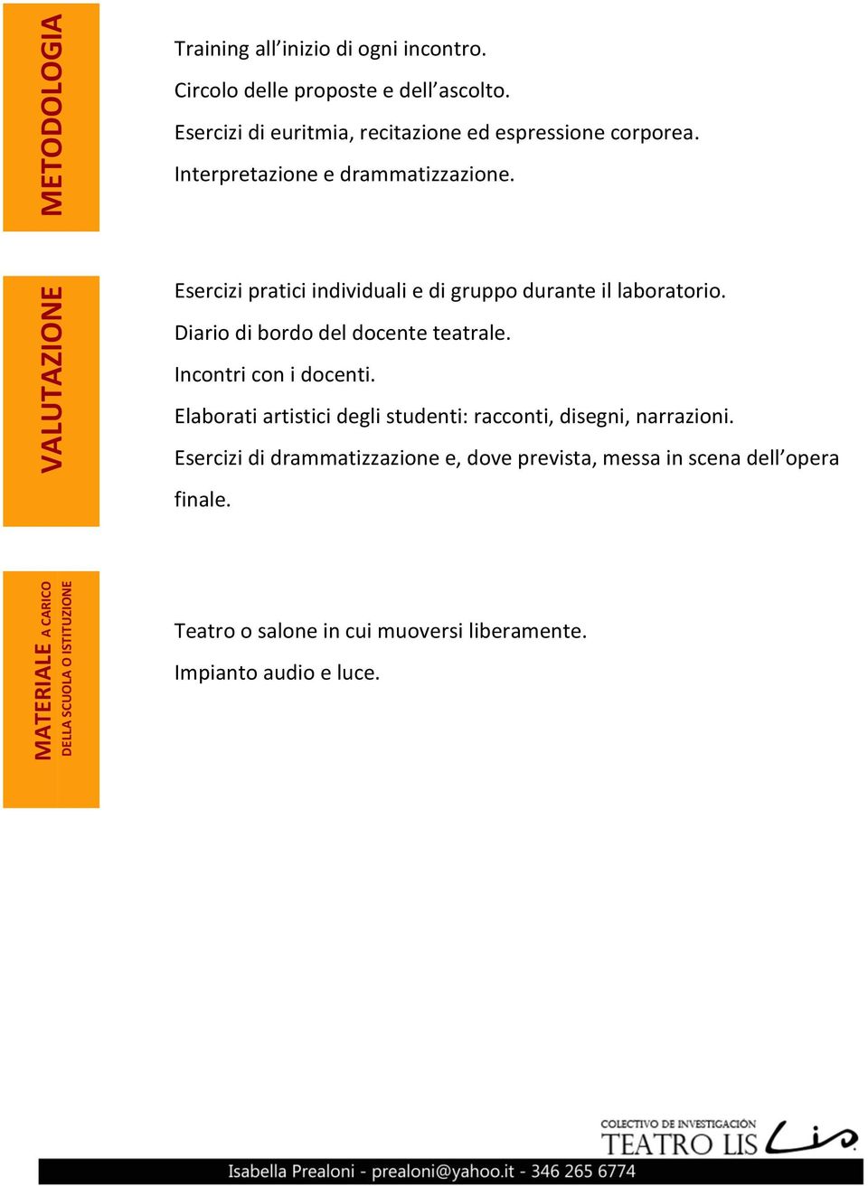 VALUTAZIONE Esercizi pratici individuali e di gruppo durante il laboratorio. Diario di bordo del docente teatrale. Incontri con i docenti.