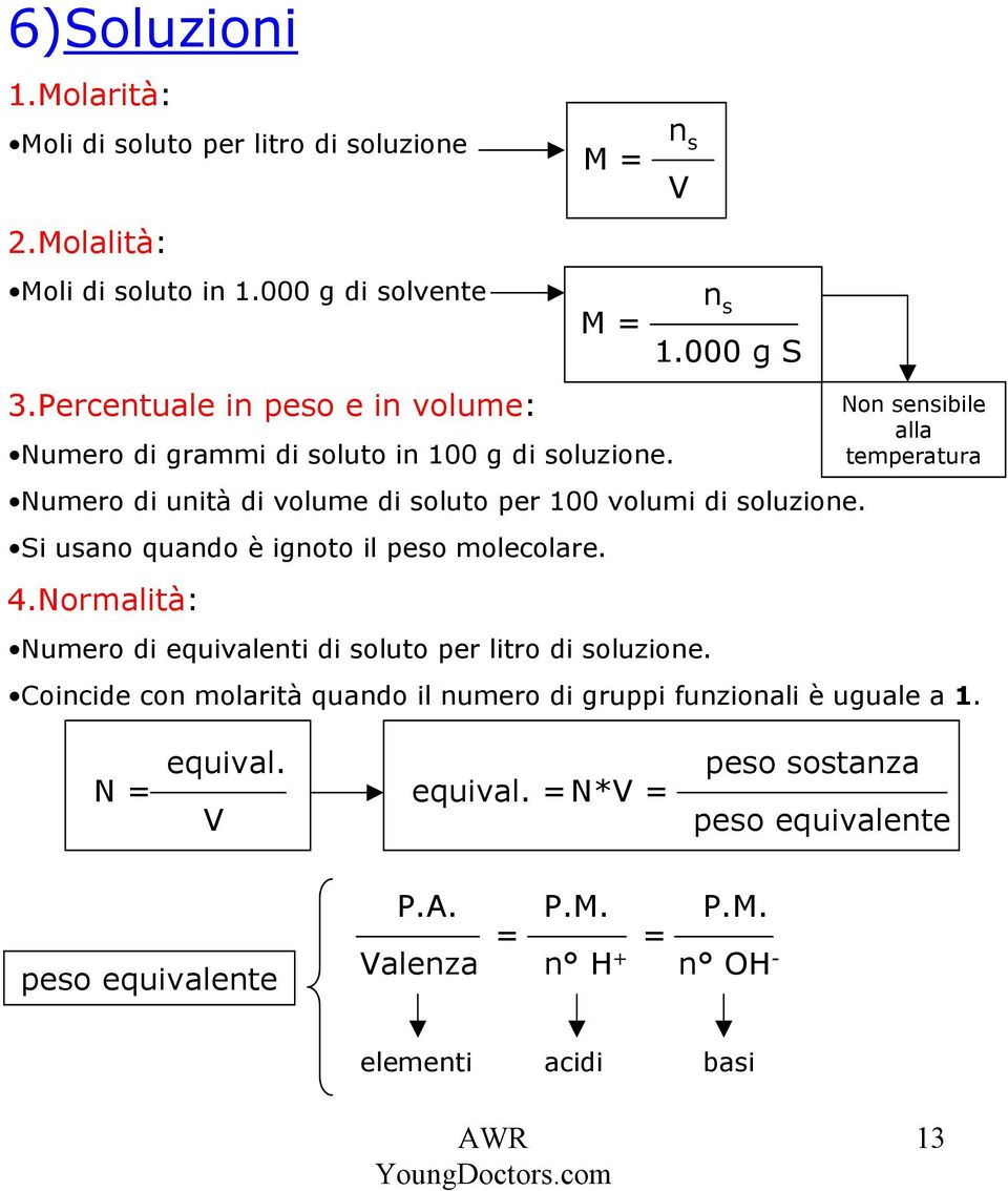 Si usano quando è ignoto il peso molecolare. 4.Normalità: M = n s M = Numero di equivalenti di soluto per litro di soluzione.