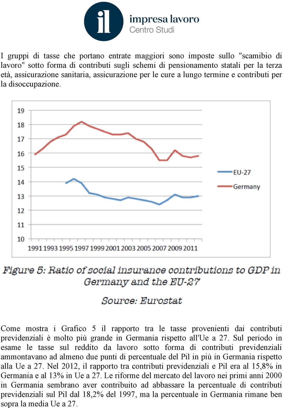 Come mostra i Grafico 5 il rapporto tra le tasse provenienti dai contributi previdenziali è molto più grande in Germania rispetto all'ue a 27.