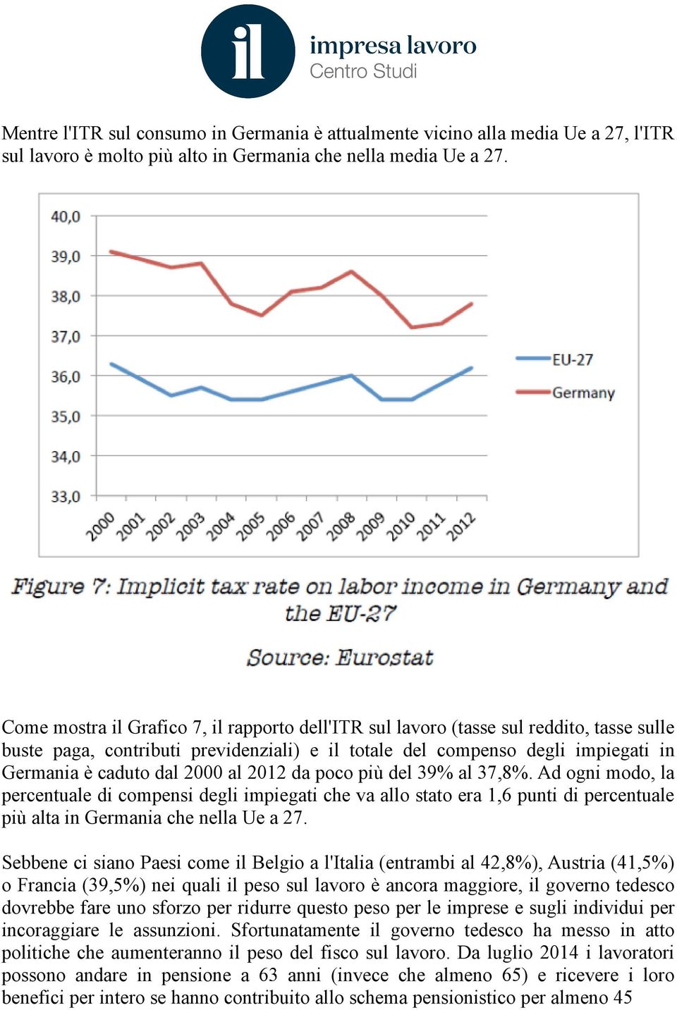 al 2012 da poco più del 39% al 37,8%. Ad ogni modo, la percentuale di compensi degli impiegati che va allo stato era 1,6 punti di percentuale più alta in Germania che nella Ue a 27.