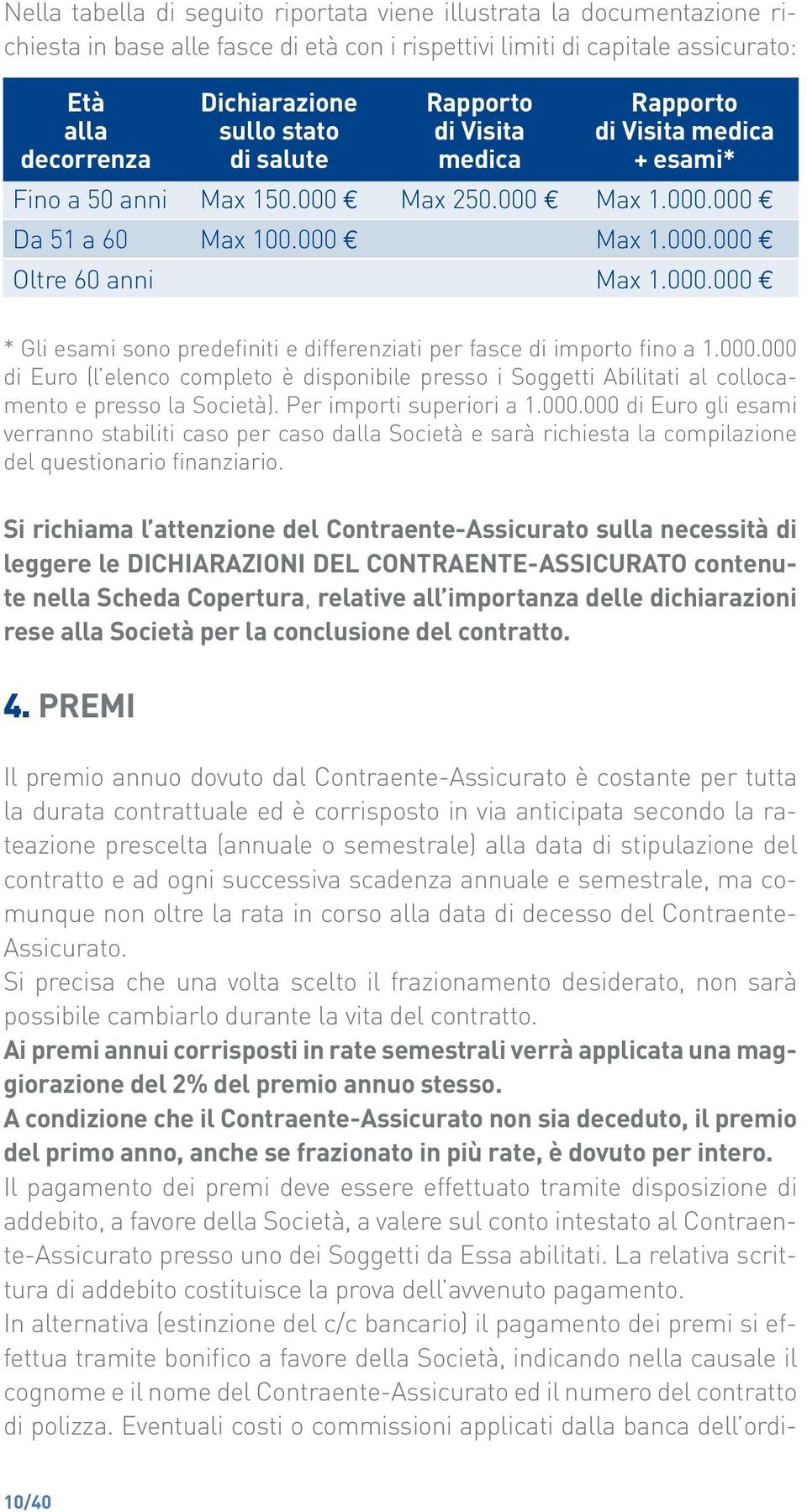 000.000 di Euro (l elenco completo è disponibile presso i Soggetti Abilitati al collocamento e presso la Società). Per importi superiori a 1.000.000 di Euro gli esami verranno stabiliti caso per caso dalla Società e sarà richiesta la compilazione del questionario finanziario.