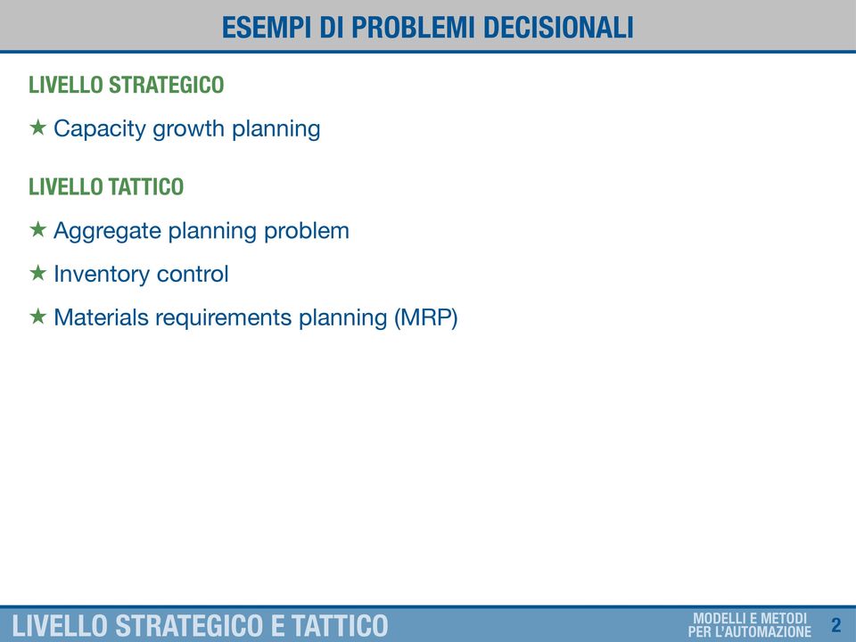 TATTICO Aggregate planning problem