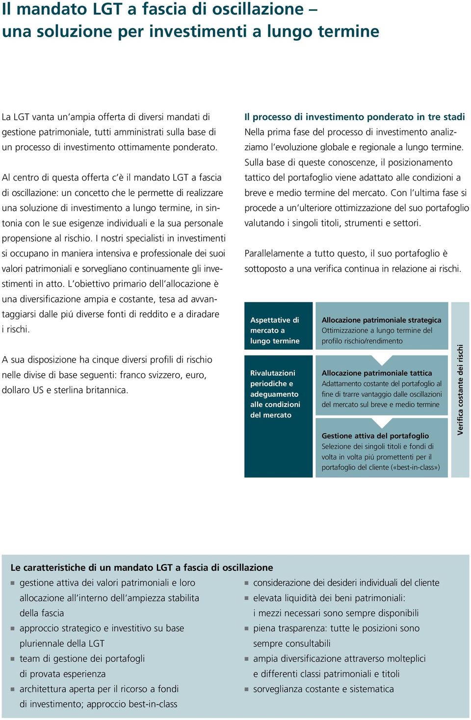 Al centro di questa offerta c è il mandato LGT a fascia di oscillazione: un concetto che le permette di realizzare una soluzione di investimento a lungo termine, in sintonia con le sue esigenze