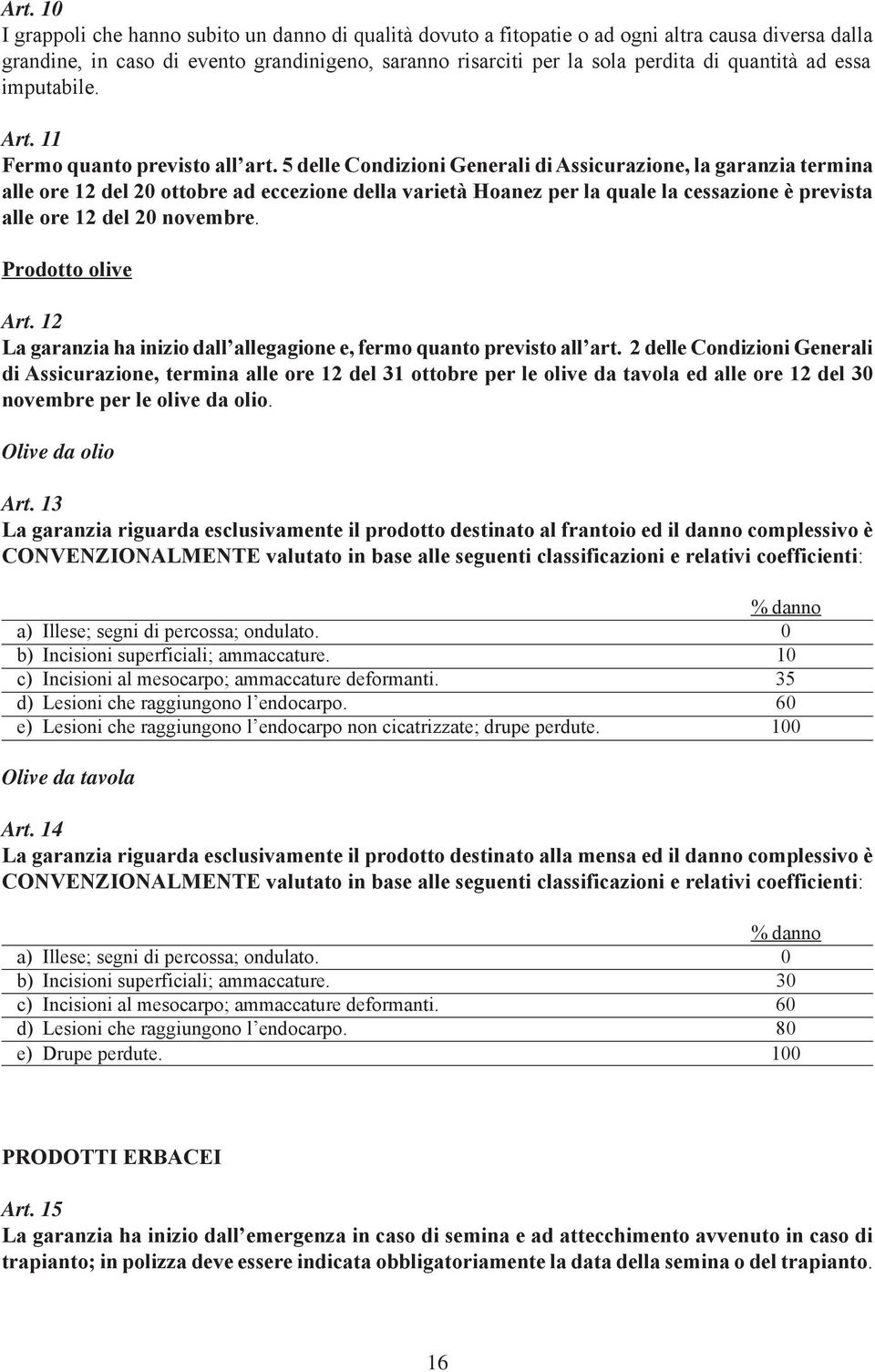 5 delle Condizioni Generali di Assicurazione, la garanzia termina alle ore 12 del 20 ottobre ad eccezione della varietà Hoanez per la quale la cessazione è prevista alle ore 12 del 20 novembre.