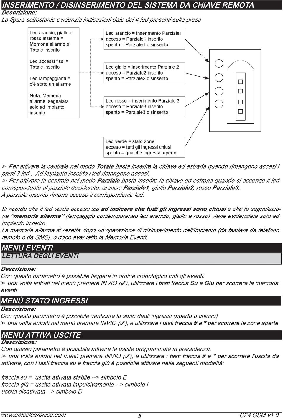 Parziale1 inserito spento = Parziale1 disinserito Led giallo = inserimento Parziale 2 acceso = Parziale2 inserito spento = Parziale2 disinserito Led rosso = inserimento Parziale 3 acceso = Parziale3