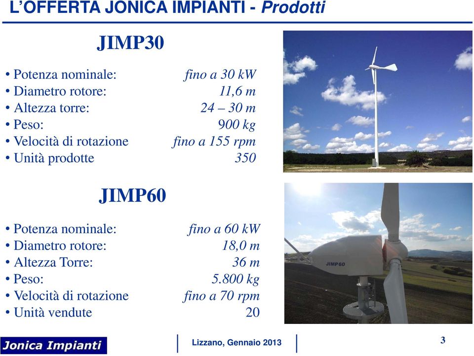 prodotte 350 JIMP60 Potenza nominale: fino a 60 kw Diametro rotore: 8,0 m Altezza Torre: