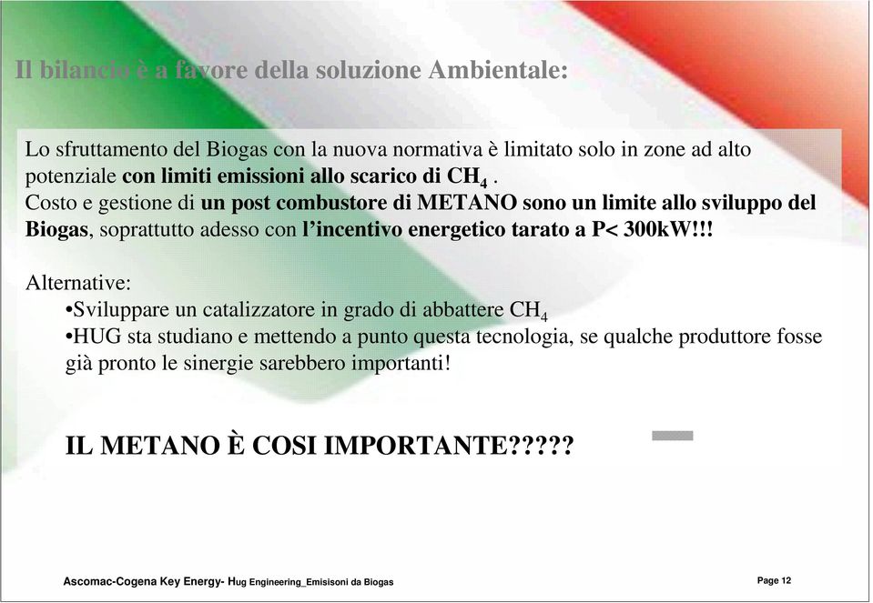 Costo e gestione di un post combustore di METANO sono un limite allo sviluppo del Biogas, soprattutto adesso con l incentivo energetico tarato a