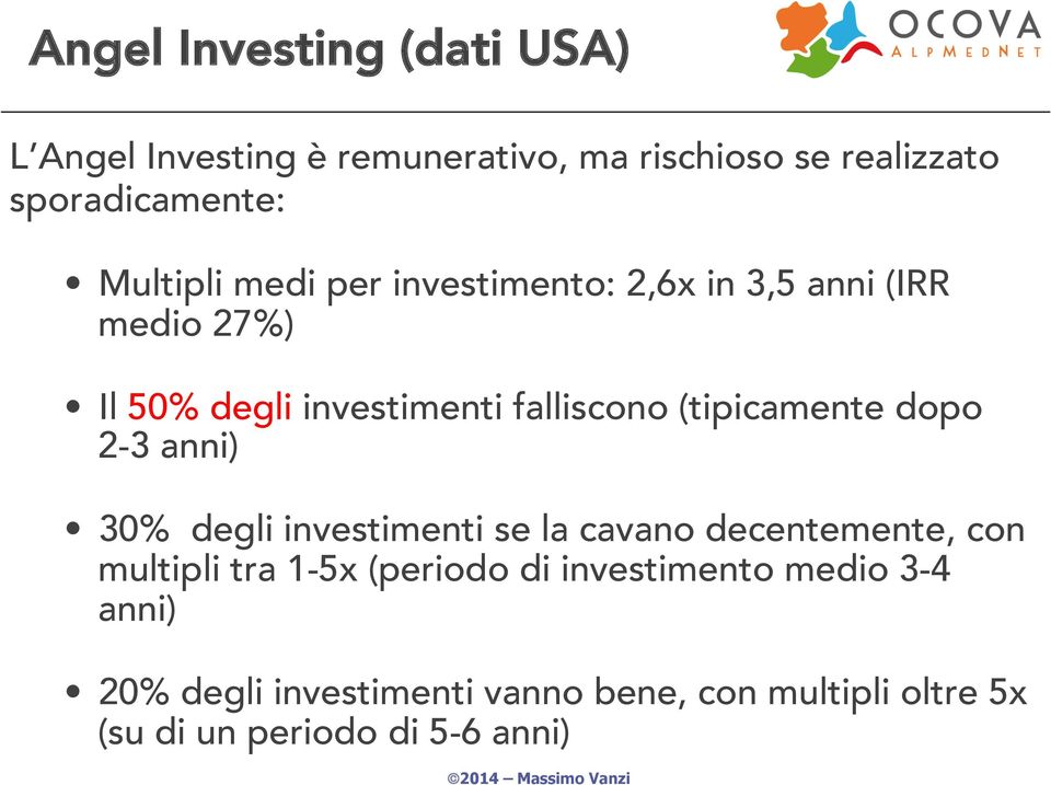 (tipicamente dopo 2-3 anni) 30% degli investimenti se la cavano decentemente, con multipli tra 1-5x (periodo