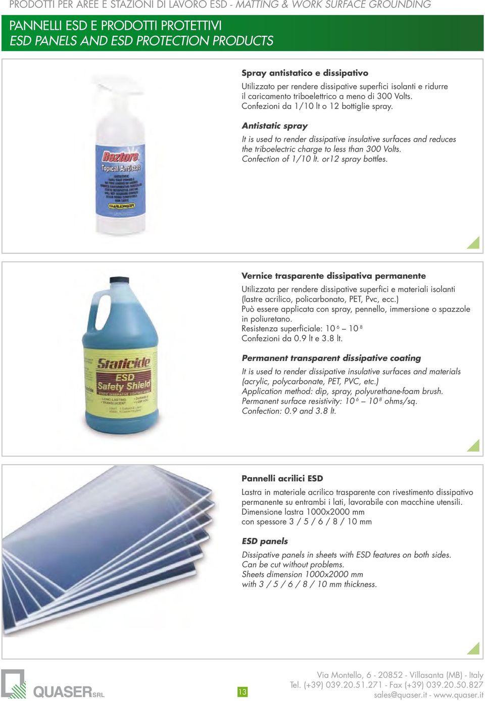 Antistatic spray It is used to render dissipative insulative surfaces and reduces the triboelectric charge to less than 300 Volts. Confection of 1/10 lt. or12 spray bottles.