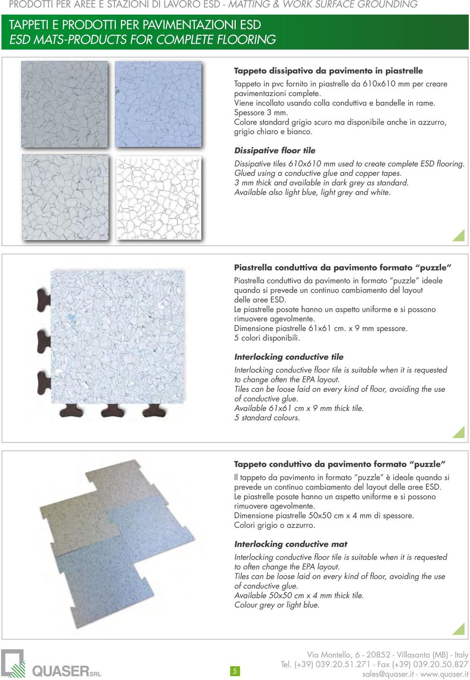Colore standard grigio scuro ma disponibile anche in azzurro, grigio chiaro e bianco. Dissipative floor tile Dissipative tiles 610x610 mm used to create complete ESD flooring.