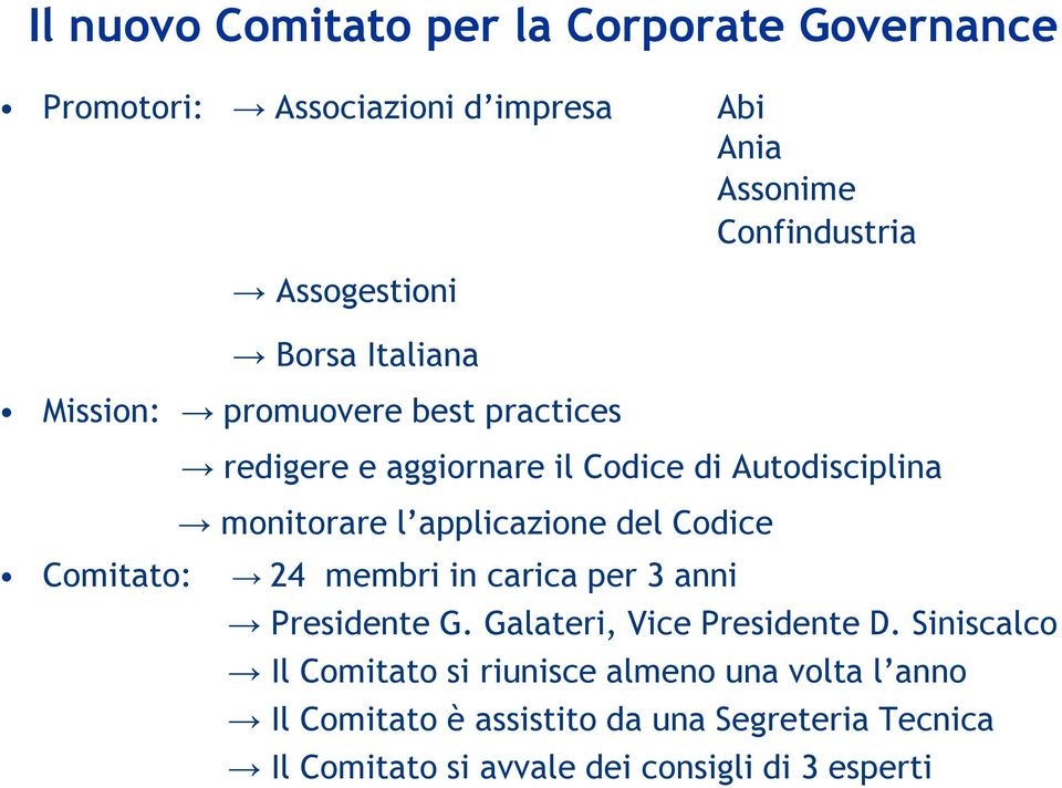 del Codice Comitato: 24 membri in carica per 3 anni Presidente G. Galateri, Vice Presidente D.