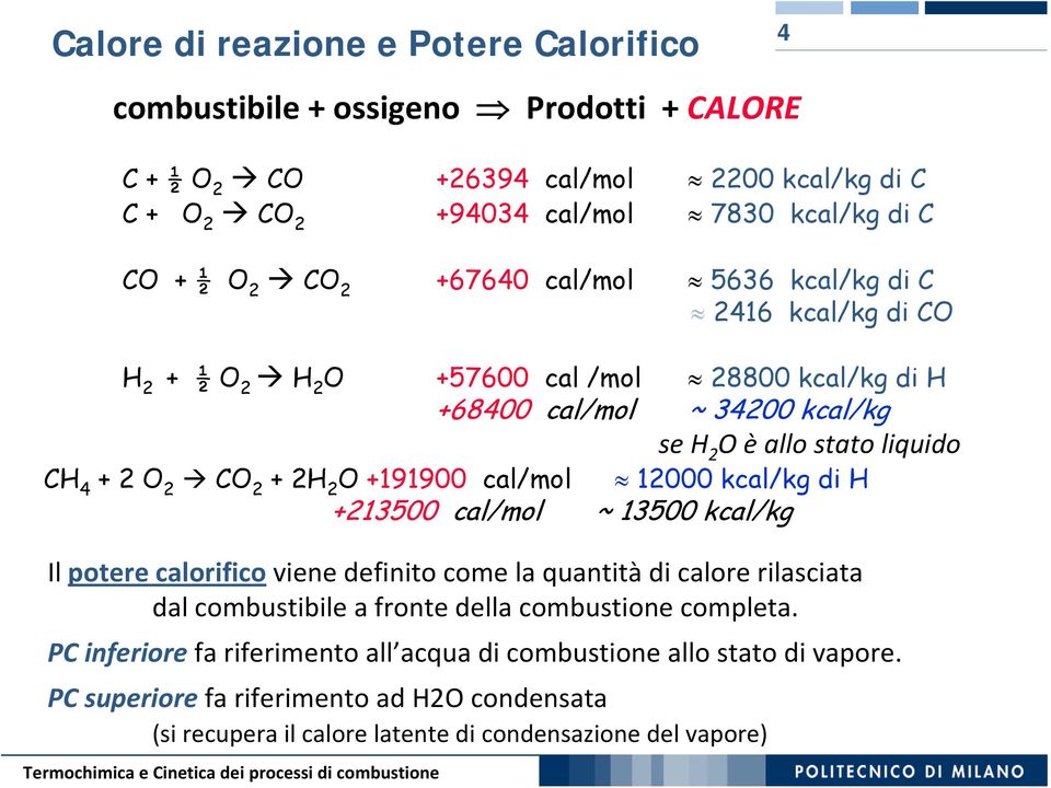 2 O +1919 cal/mol 12 kcal/kg di H +2135 cal/mol ~ 135 kcal/kg Il potere calorifico viene definito come la quantità di calore rilasciata dal combustibile a fronte della combustione