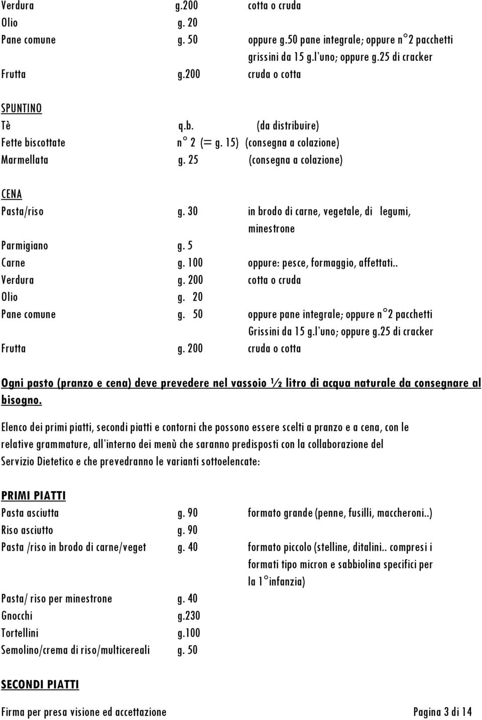 30 in brodo di carne, vegetale, di legumi, minestrone Carne g. 100 oppure: pesce, formaggio, affettati.. Verdura g. 200 cotta o cruda Olio g. 20 Pane comune g.