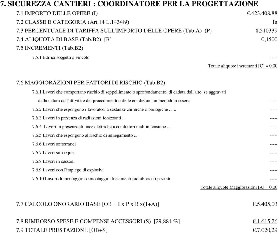 6 MAGGIORAZIONI PER FATTORI DI RISCHIO (Tab.B2) 7.6.1 Lavori che comportano rischio di seppellimento o sprofondamento, di caduta dall'alto, se aggravati dalla natura dell'attività e dei procedimenti o delle condizioni ambientali in essere ----- 7.