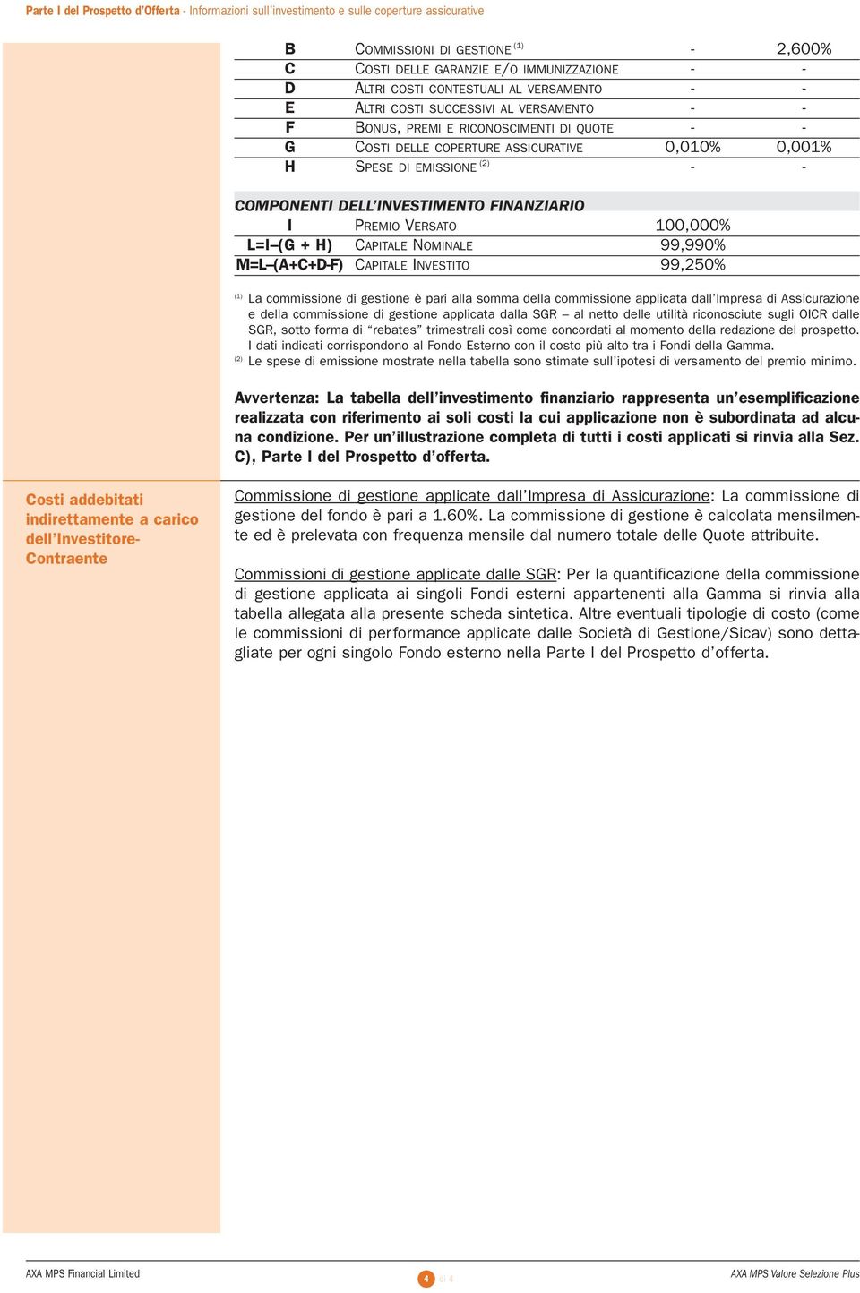 NOMINALE 99,990% M=L (A+C+D-F) CAPITALE INVESTITO 99,250% (1) La commissione di gestione è pari alla somma della commissione applicata dall Impresa di Assicurazione e della commissione di gestione