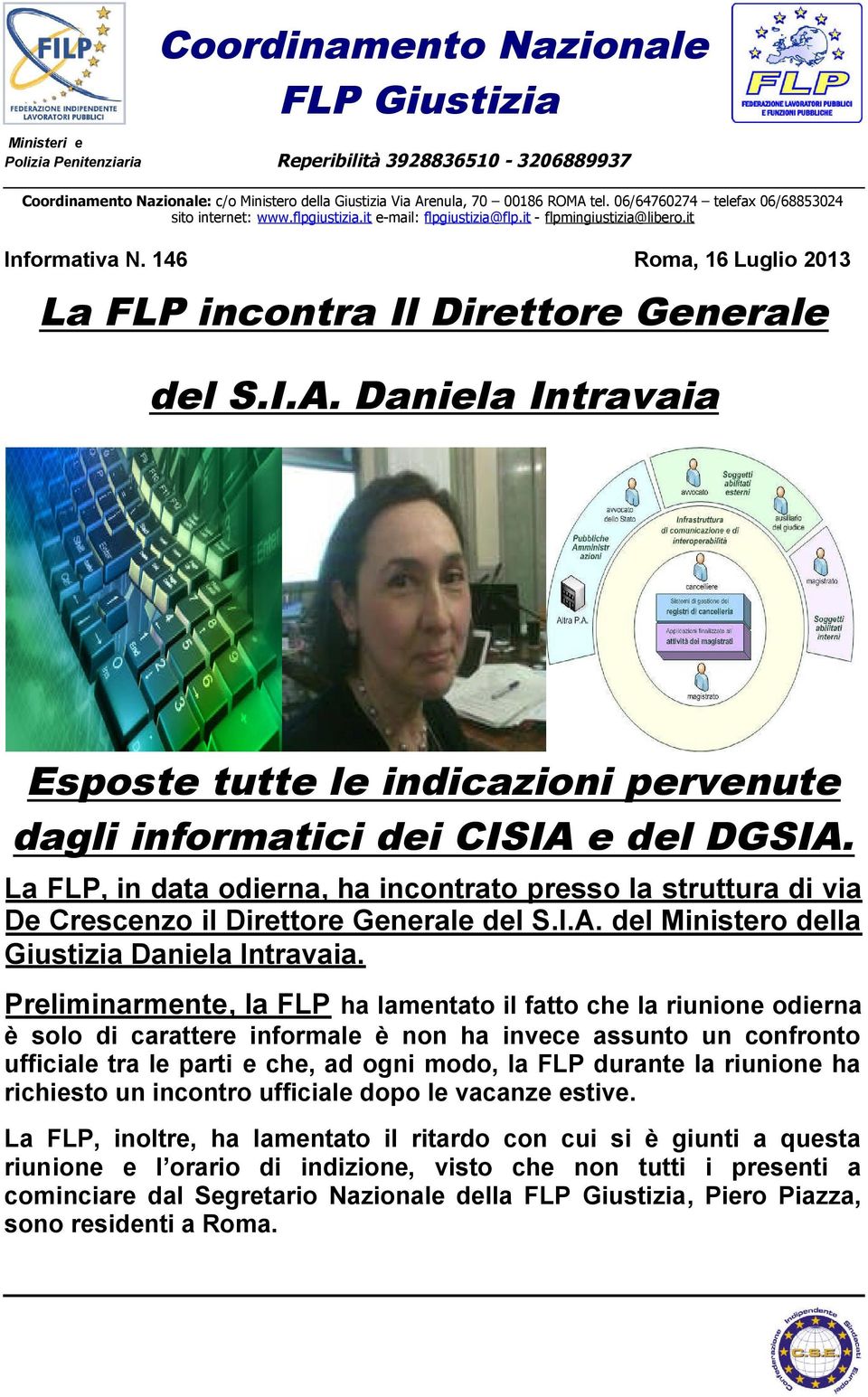 146 Roma, 16 Luglio 2013 La FLP incontra Il Direttore Generale del S.I.A. Daniela Intravaia Esposte tutte le indicazioni pervenute dagli informatici dei CISIA e del DGSIA.