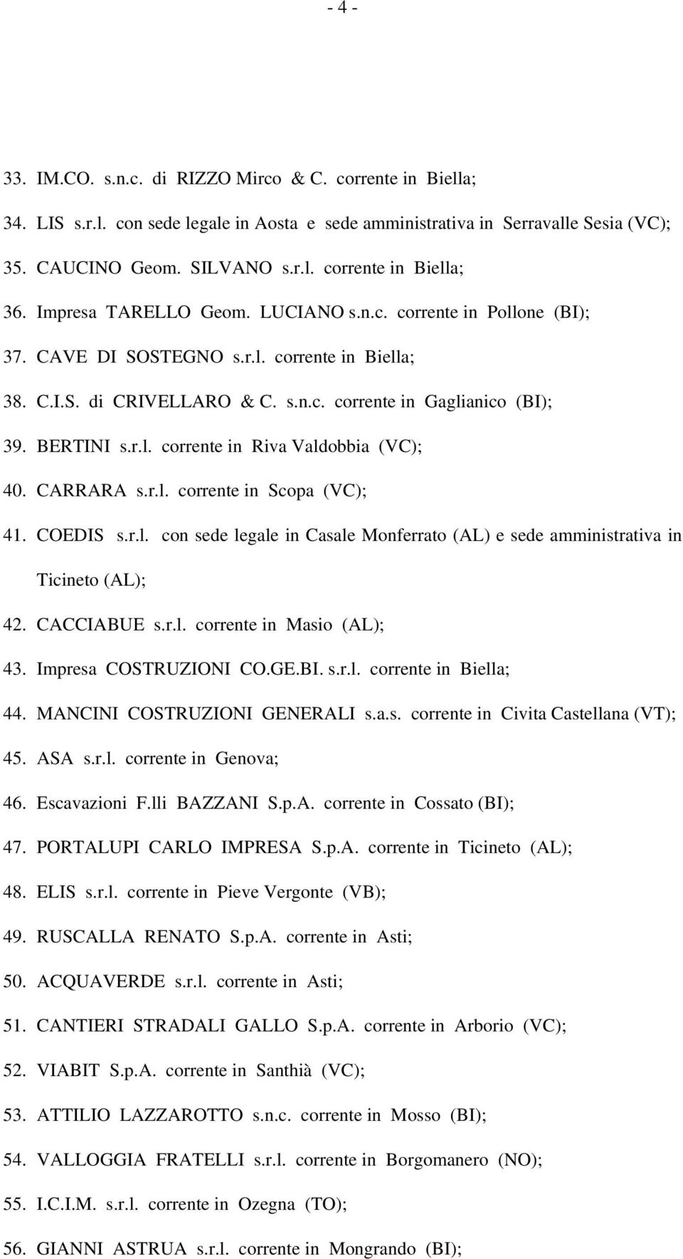 CARRARA s.r.l. corrente in Scopa (VC); 41. COEDIS s.r.l. con sede legale in Casale Monferrato (AL) e sede amministrativa in Ticineto (AL); 42. CACCIABUE s.r.l. corrente in Masio (AL); 43.