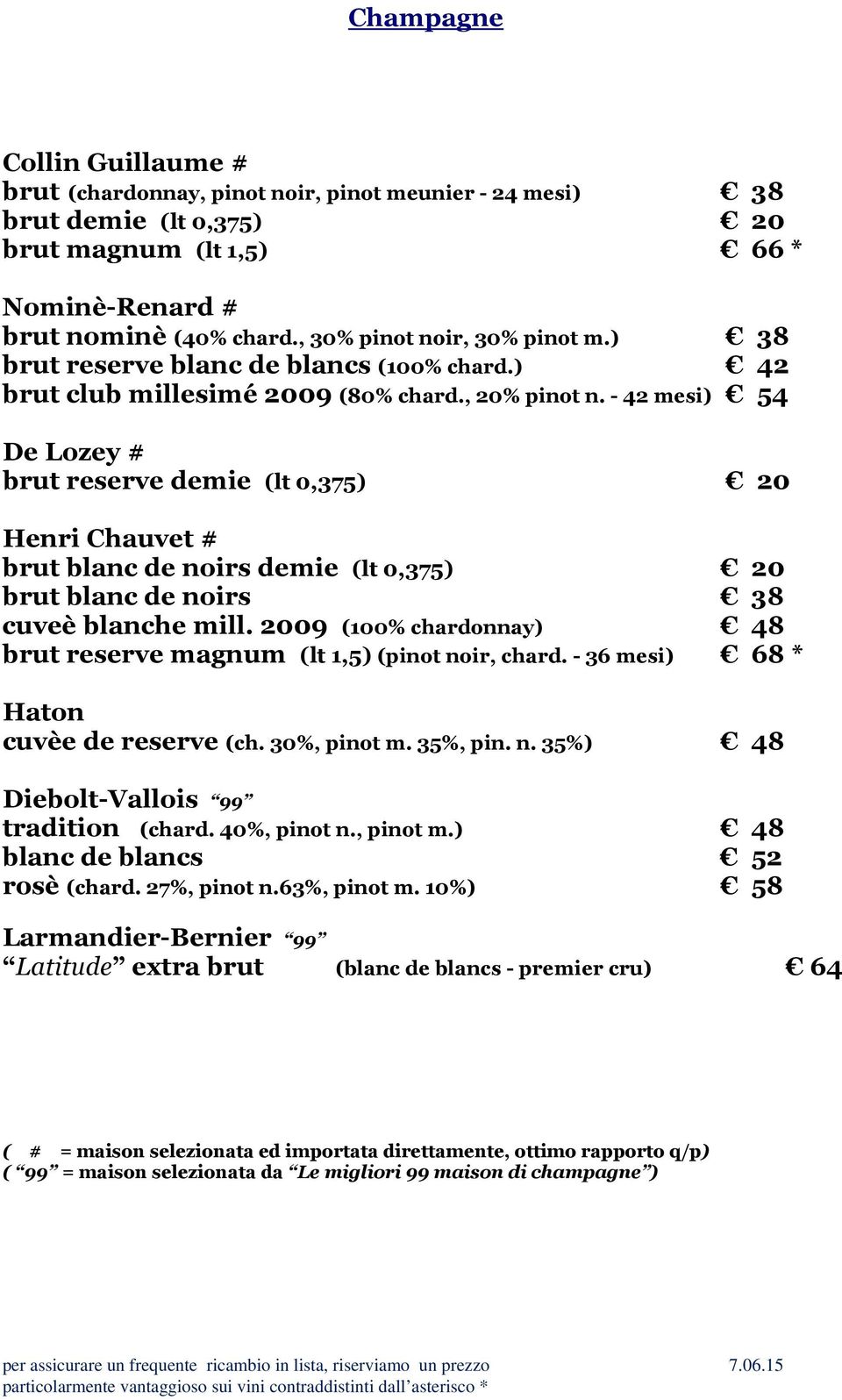 - 42 mesi) 54 De Lozey # brut reserve demie (lt 0,375) 20 Henri Chauvet # brut blanc de noirs demie (lt 0,375) 20 brut blanc de noirs 38 cuveè blanche mill.