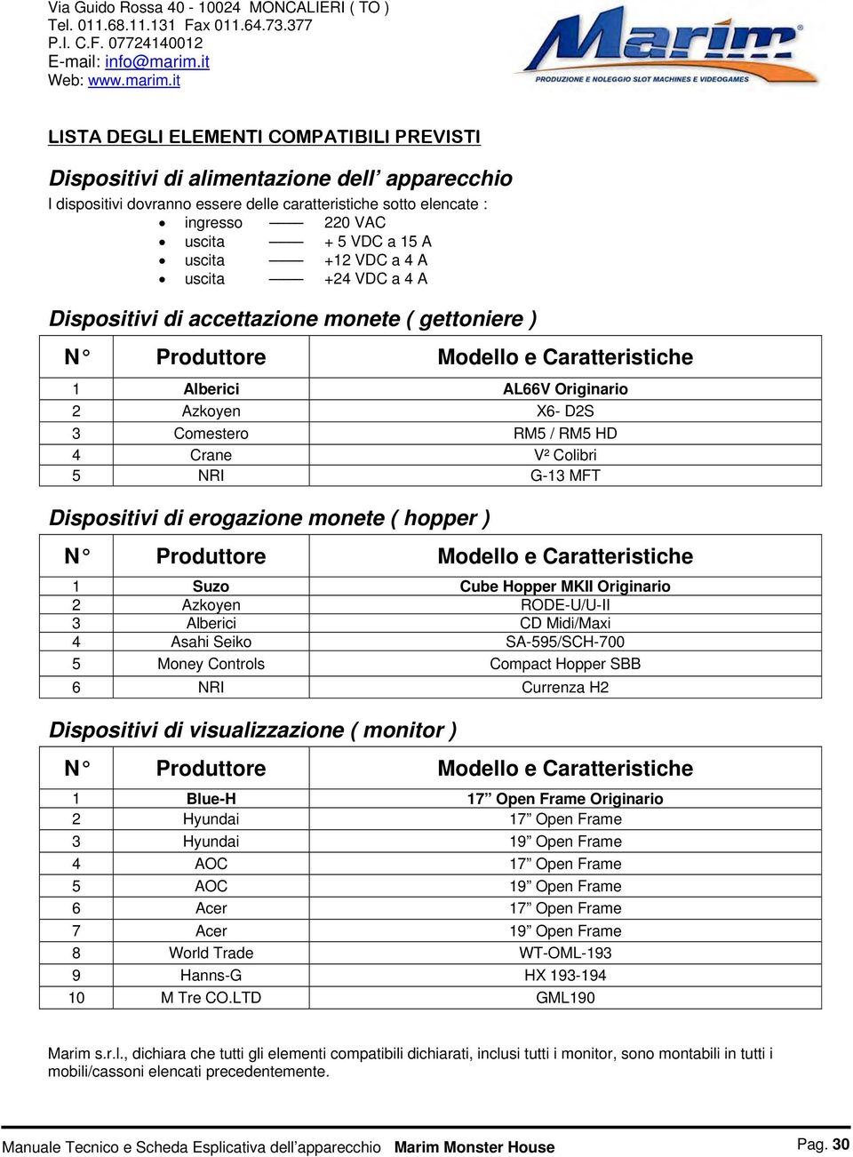 HD 4 Crane V² Colibri 5 NRI G-13 MFT Dispositivi di erogazione monete ( hopper ) N Produttore Modello e Caratteristiche 1 Suzo Cube Hopper MKII Originario 2 Azkoyen RODE-U/U-II 3 Alberici CD