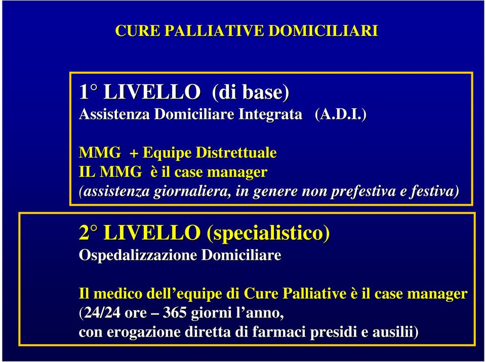 Distrettuale IL MMG è il case manager (assistenza giornaliera, in genere non prefestiva e festiva) 2