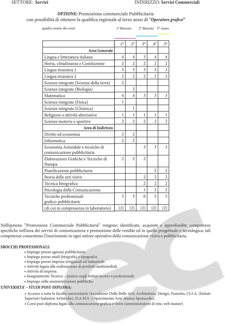 Aziendale e tecniche di comunicazione pubblicitaria Elaborazioni Grafiche e Tecniche di Stampa Pianificazione pubblicitaria Storia delle arti visive Tecnica fotografica Psicologia della Comunicazione