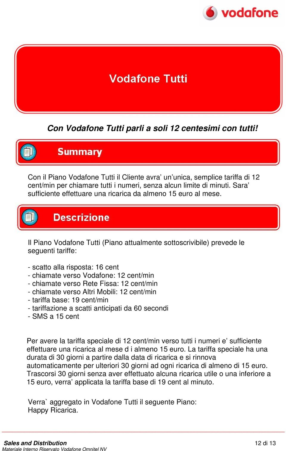 Il Piano Vodafone Tutti (Piano attualmente sottoscrivibile) prevede le seguenti tariffe: - chiamate verso Vodafone: 12 cent/min - chiamate verso Rete Fissa: 12 cent/min - chiamate verso Altri Mobili: