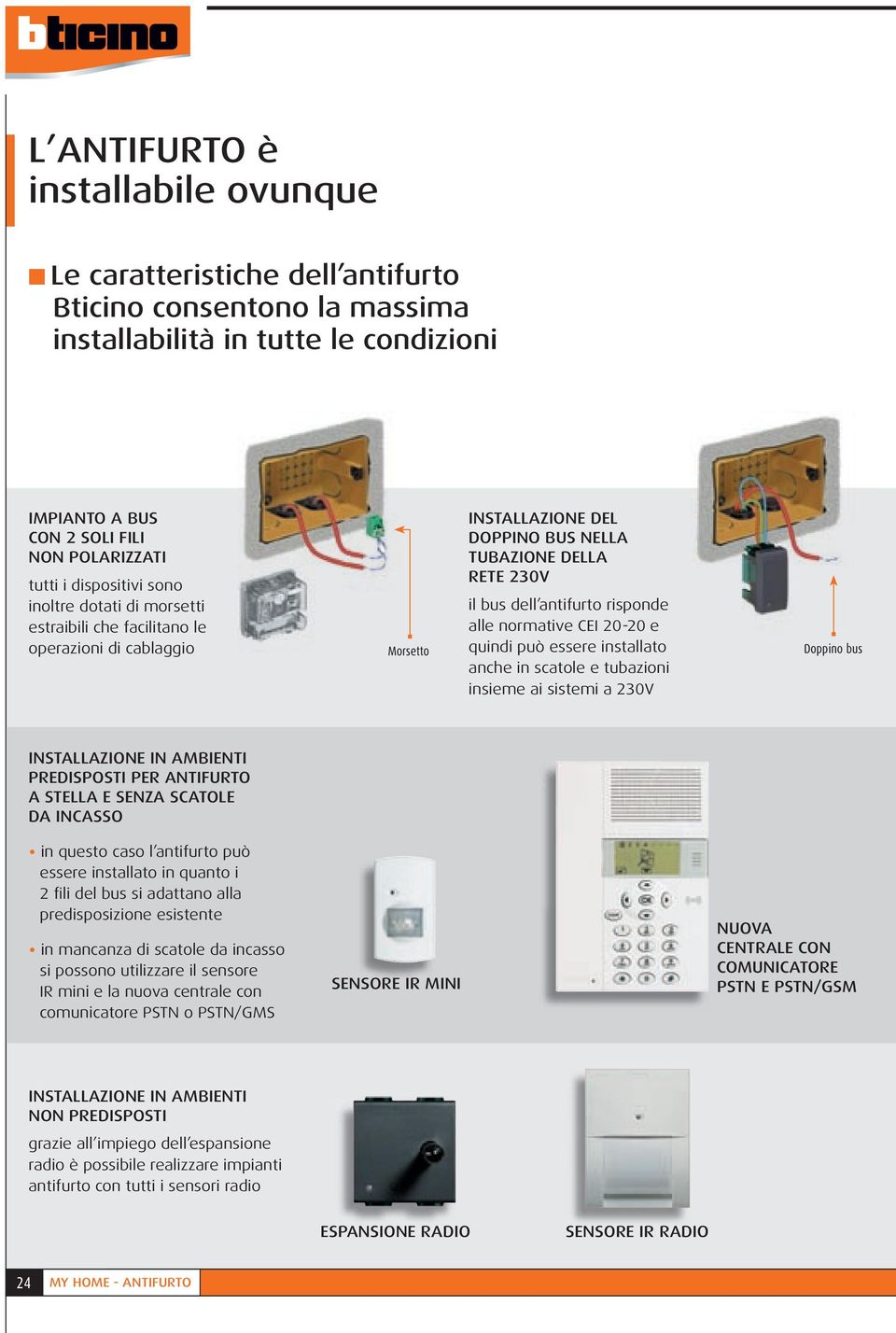 alle normative CEI 20-20 e quindi può essere installato anche in scatole e tubazioni insieme ai sistemi a 230V Doppino bus INSTALLAZIONE IN AMBIENTI PREDISPOSTI PER ANTIFURTO A STELLA E SENZA SCATOLE