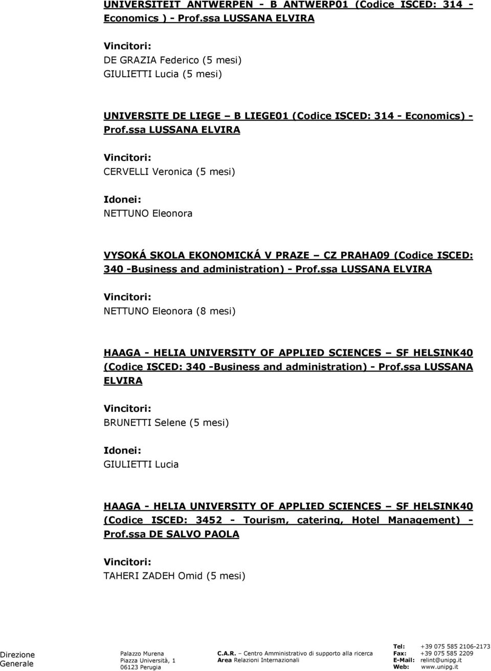 ssa LUSSANA ELVIRA CERVELLI Veronica (5 mesi) Idonei: NETTUNO Eleonora VYSOKÁ SKOLA EKONOMICKÁ V PRAZE CZ PRAHA09 (Codice ISCED: 340 -Business and administration) - Prof.