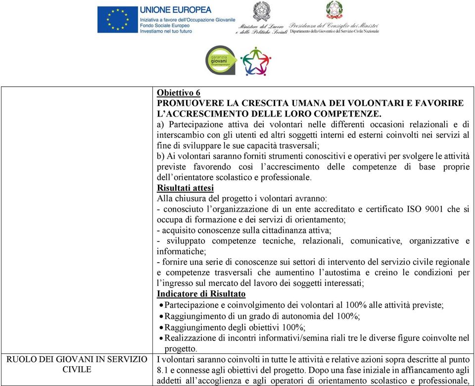 capacità trasversali; b) Ai volontari saranno forniti strumenti conoscitivi e operativi per svolgere le attività previste favorendo così l accrescimento delle competenze di base proprie dell