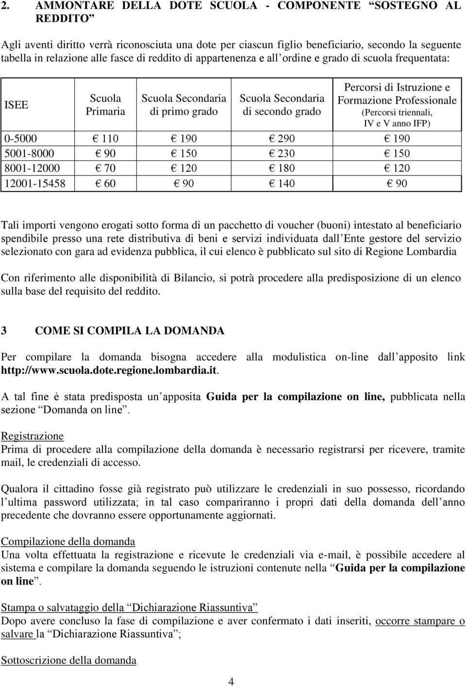 Professionale (Percorsi triennali, IV e V anno IFP) 0-5000 110 190 290 190 5001-8000 90 150 230 150 8001-12000 70 120 180 120 12001-15458 60 90 140 90 Tali importi vengono erogati sotto forma di un