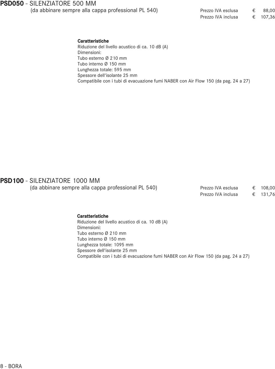 pag. 24 a 27) PSD100 - SILENZIATORE 1000 MM (da abbinare sempre alla cappa professional PL 540) Prezzo IVA esclusa 108,00 Prezzo IVA inclusa 131,76 Riduzione del livello acustico di ca.