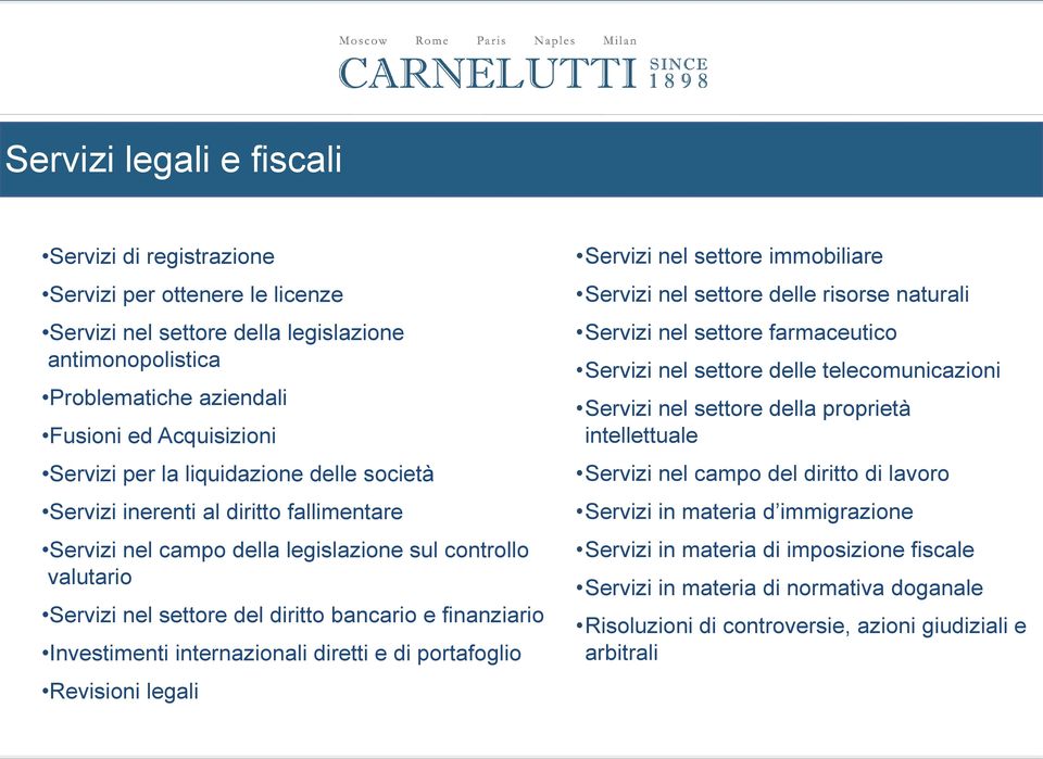 internazionali diretti e di portafoglio Revisioni legali Servizi nel settore immobiliare Servizi nel settore delle risorse naturali Servizi nel settore farmaceutico Servizi nel settore delle